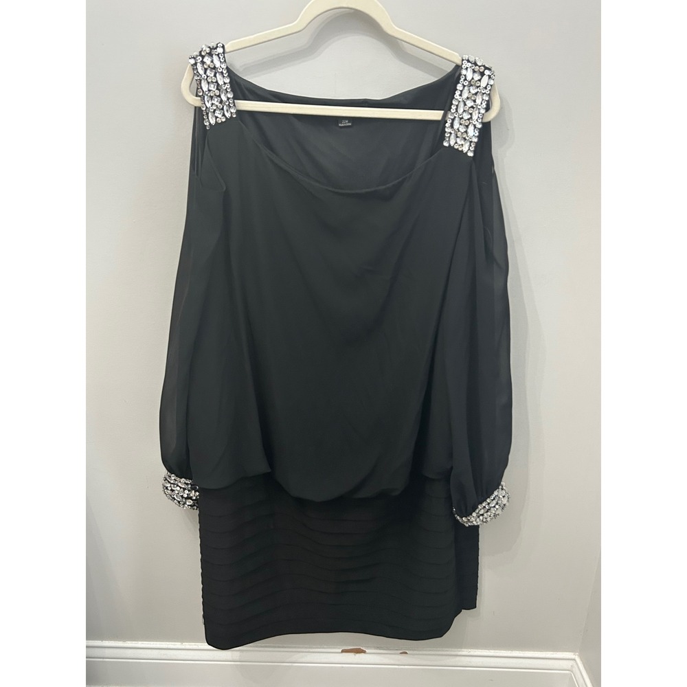 Betsy Adam Black Chiffon Blouson Dress Crystal Shoulder Cuff Plus 22W - Picture 6 of 6